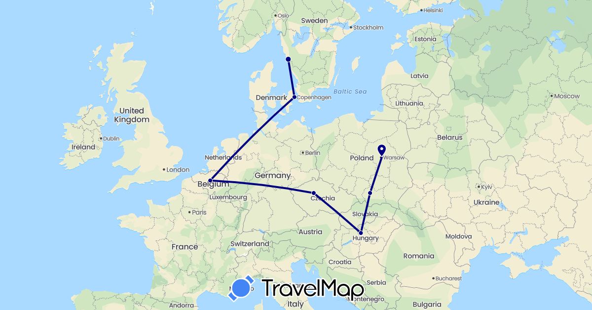 TravelMap itinerary: driving in Belgium, Czech Republic, Denmark, Hungary, Poland, Sweden (Europe)
